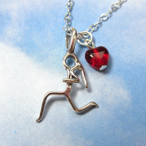 Runner Charm Necklace - sterling silver jogging girl with ponytail and little red heart on delicate sterling chain