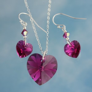 Hot Pink Heart Silver Necklace and Earring Set- Fuchsia AB Swarovski crystal pendant, sterling silver chain + hooks- also in 14k gold fill