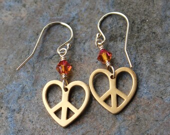 Peace Sign Heart Gold Earrings - 14k gold fill earwires- Astral Pink Swarovski Crystal, or pick pearls or birthstone crystal colors