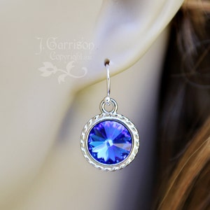 Sapphire & Silver Necklace and Earring Set Deep blue crystal rivoli on sterling silver chain and ear hooks free shipping USA image 5