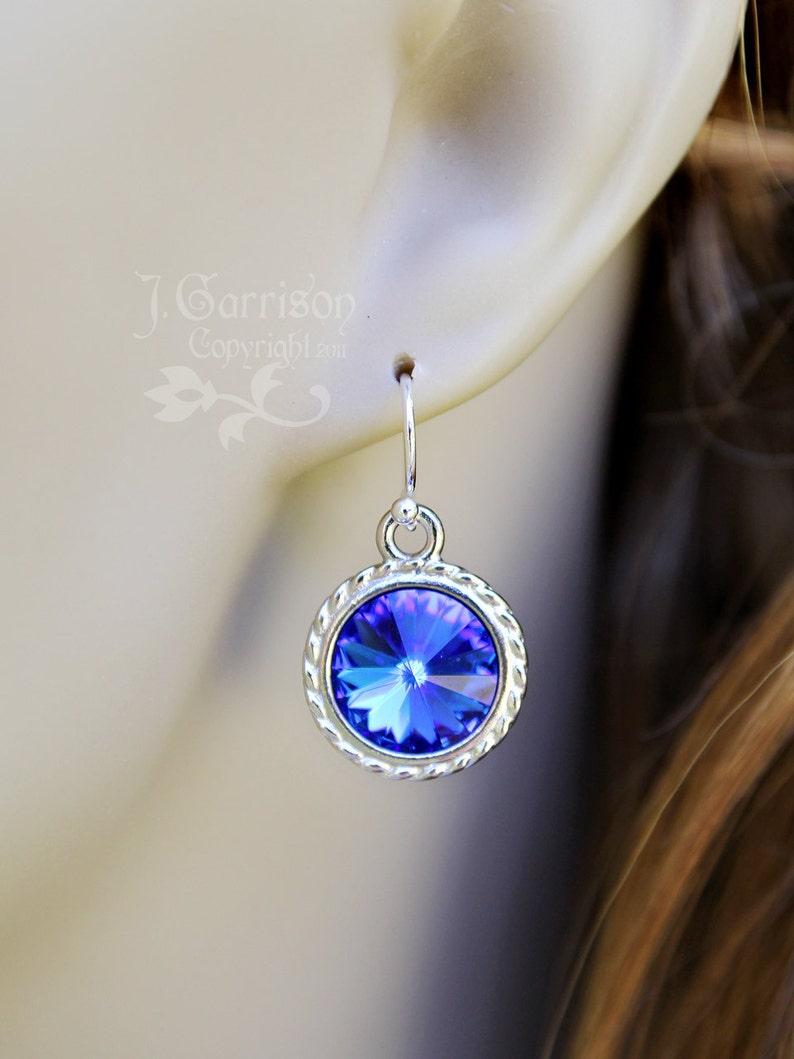 Sapphire & Silver Necklace and Earring Set Deep blue crystal rivoli on sterling silver chain and ear hooks free shipping USA image 5