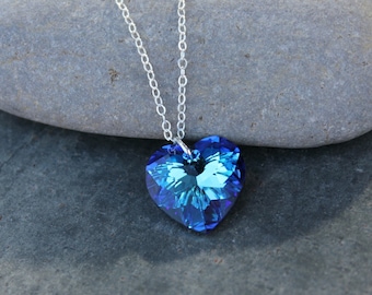 Bermuda Blue Heart Silver Necklace - fiery Swarovski crystal pendant on sterling silver chain - also available in gold - free shipping USA