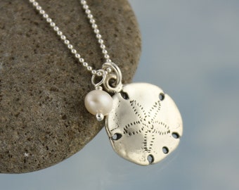 Sterling Silver Sand Dollar and Pearl Necklace- Detailed Shell Charm, White Freshwater Pearl,Sterling Silver Ball Chain - Ocean, Beach 925