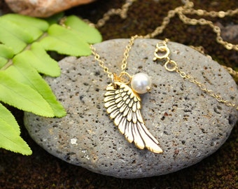 My sweet angel necklace- gold plated angel wing + pearl on 14k gold filled delicate chain - free shipping in USA - you pick birthstone color