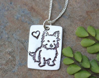 Tiny Terrier Dog Necklace - handmade fine silver rectangle charm with cute dog and heart on sterling silver curb chain - Yorkie Westie Cairn