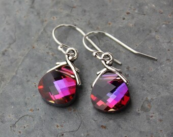 Volcano Swarovski crystal briolette earrings, sterling silver - hot pink purple color changing crystals - free shipping in USA