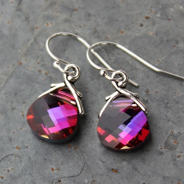 Volcano Swarovski cristal briolette boucles d’oreilles, argent sterling - rose chaud violet couleur changeante cristaux - livraison gratuite aux États-Unis