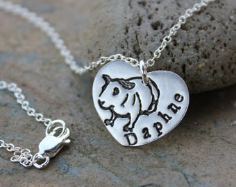 Skinny Pig Name Necklace - handmade fine silver heart pendant with Guinea pig and word on a sterling silver chain- personalized charm