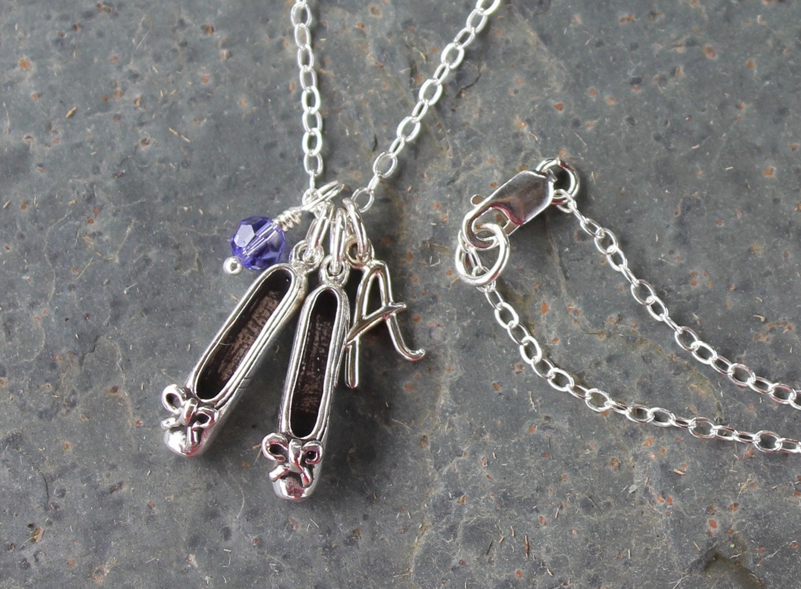 love ballet birthstone and monogram necklace - sterling silver dancing shoes and initial charms, swarovski crystal - free shippi
