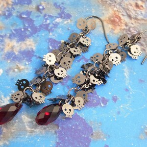 Tiny Skulls & Blood Drop earrings - gothic black, ruby red - Goth glam for Halloween or any day- black jewelry