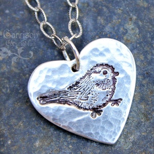 Rustic my little chickadee necklace handmade fine silver hammered & oxidized heart with bird stamp on a textured sterling silver chain image 1