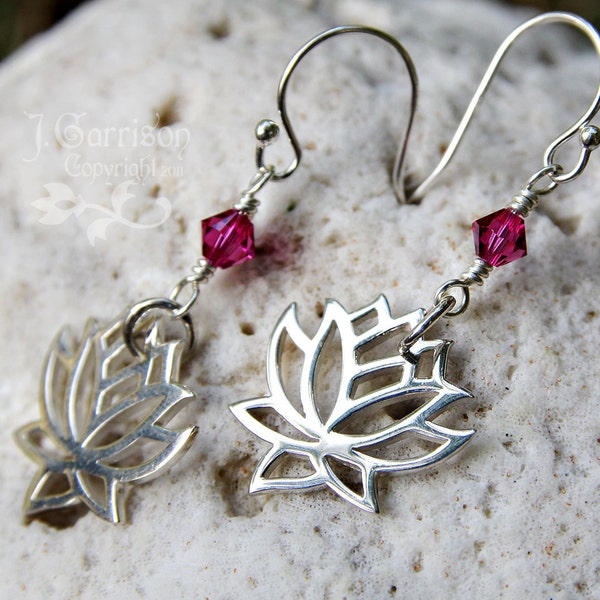 Peaceful lotus blossom earrings -  sterling silver flower & swarovski crystal, sterling silver hooks - fuchsia pink -