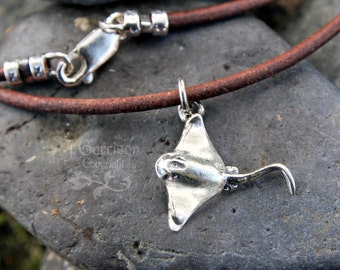 Manta Ray necklace - sterling silver stingray on dark brown leather cord - mens, womens marine life pendant necklace - surfer jewelry