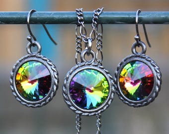 Dark Rainbow Gunmetal Black Necklace & Earring Set with Vitrail Medium Swarovski Crystal Rivolis - Gorgeous Pastel Goth