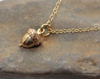 Bronze & Gold Achievement Necklace - small acorn charm - solid bronze charm, 14k gold filled necklace - woodland beauty - free shipping USA