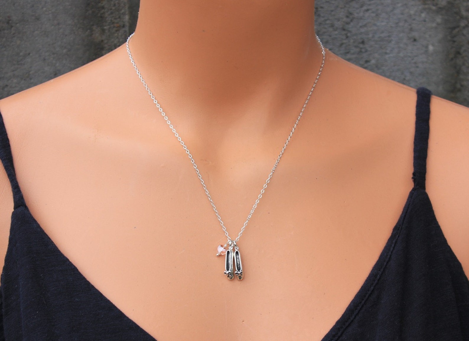 love ballet necklace - sterling silver dancing shoes charms and pale pink glass heart, sterling silver chain - free shipping usa