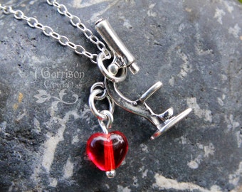 Microscope necklace - sterling silver charm & red heart - science teachers, lab techs, and microbiolgists - she blinded me with science