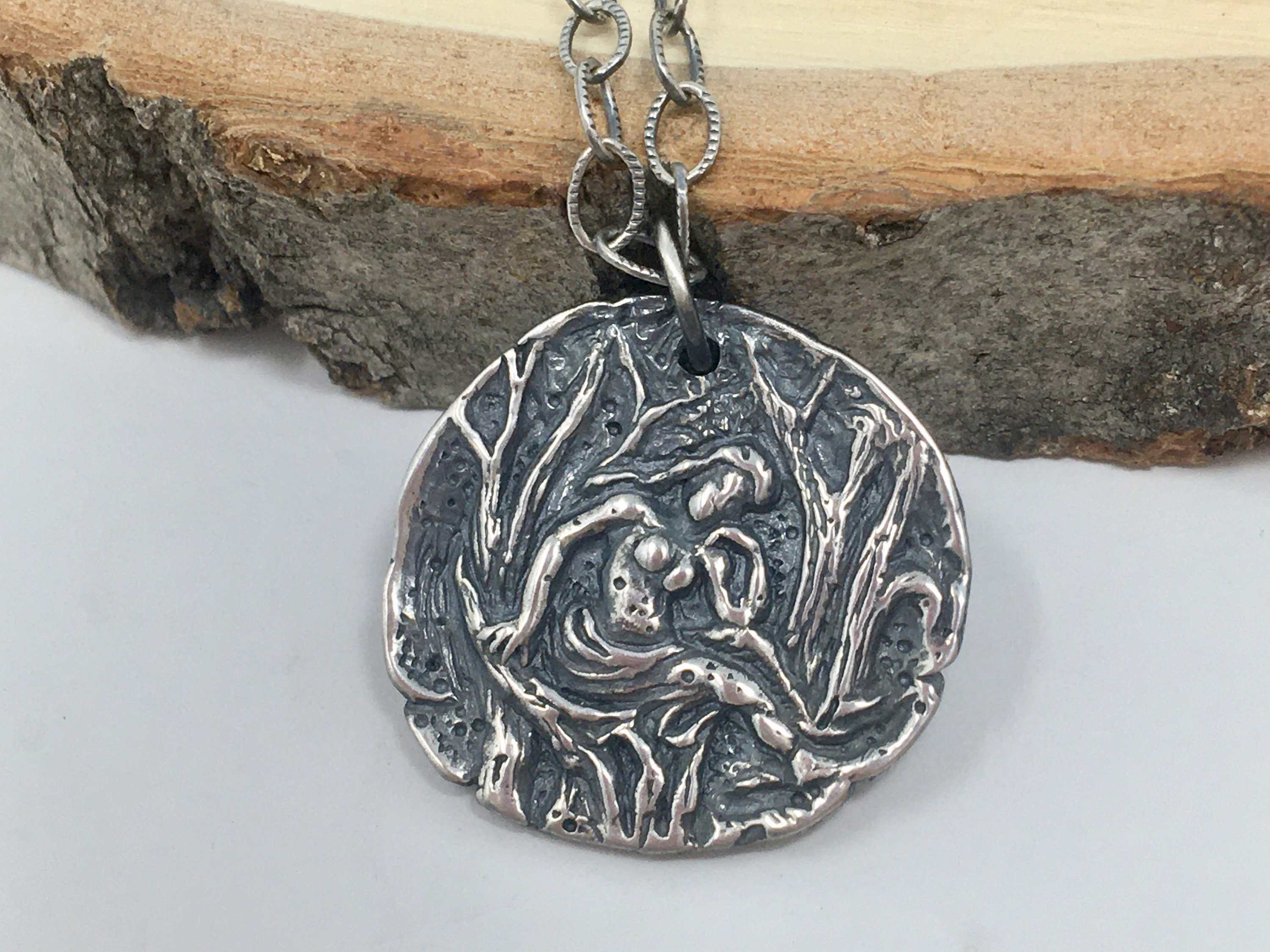 Woodland Nymph Coin Necklace - Ancient Greek style coin charm, sterling silver textured chain- Forest Muse Maiden- free shipping USA