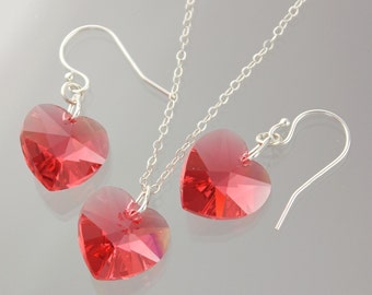 Padparadscha Pink Heart Necklace & Earrings Set -sparkly medium pink Swarovski crystals, on sterling silver chain and ear hooks