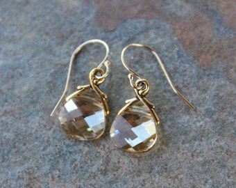 Champagne & Gold Crystal Earrings- yellow/gold briolette Swarovski crystal teardrops, 14k gold-fill hooks - free shipping in USA