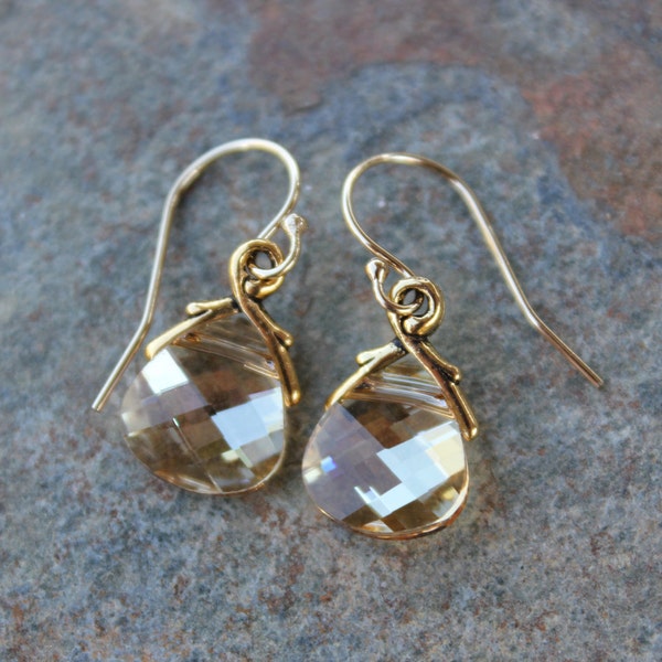 Champagne & Gold Crystal Earrings- yellow/gold briolette Swarovski crystal teardrops, 14k gold-fill hooks - free shipping in USA