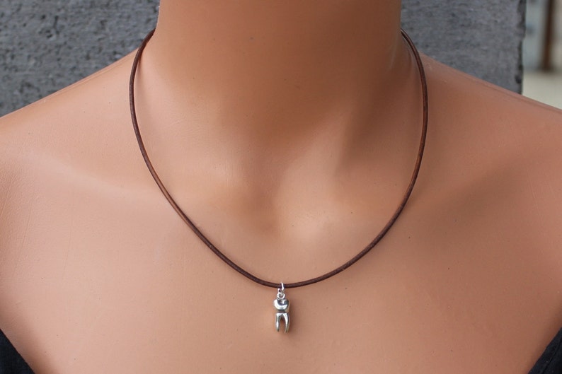 Tooth necklace large sterling silver molar charm on distressed brown leather cord mens, womens free shipping USA gift for dentist image 3