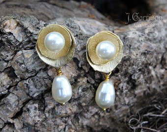 Lotus & Pearl Gold Earrings -Matte gold post earrings - flower petals white pearls - zen - wedding - free shipping in USA