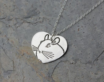 Chinchilla Love necklace - fine silver handmade heart charm with stamped chinchilla on sterling silver chain - free shipping in USA