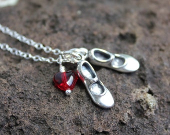 Love to Tap Dance Necklace - sterling silver dancing shoes charms and red glass heart, sterling silver chain - free shipping in USA