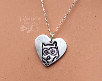 Owl Love You Forever necklace - handmade fine silver heart charm - woodland owl -sterling chain - free shipping USA