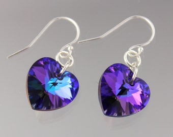 Heliotrope Crystal Heart Earrings - brilliant color changing Swarovski crystal hearts on sterling silver hooks