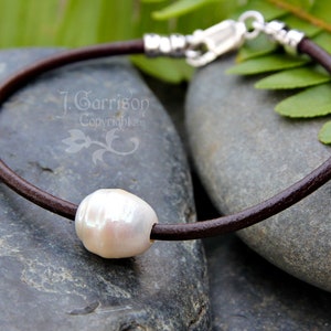 Pearl and Leather Anklet or Bracelet - brown leather & white freshwater pearl - wisdom, zen