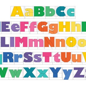 Peut inclure: Un tableau de l'alphabet avec chaque lettre dans une couleur et un design g&eacute;om&eacute;trique diff&eacute;rents. Les lettres sont dispos&eacute;es en rang&eacute;es, avec les lettres majuscules en haut et les lettres minuscules en bas. Les lettres sont soulign&eacute;es en noir et sont sur un fond blanc.