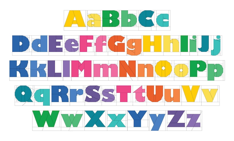 Peut inclure: Un tableau de l'alphabet avec chaque lettre dans une couleur et un design g&eacute;om&eacute;trique diff&eacute;rents. Les lettres sont dispos&eacute;es en rang&eacute;es, avec les lettres majuscules en haut et les lettres minuscules en bas. Les lettres sont soulign&eacute;es en noir et sont sur un fond blanc.