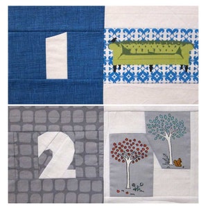 Peut inclure: Une courtepointe en tissu blanc avec un motif bleu, gris et blanc. La courtepointe pr&eacute;sente les chiffres 1 et 2, un canap&eacute; vert et deux arbres aux feuilles rouges et vertes.