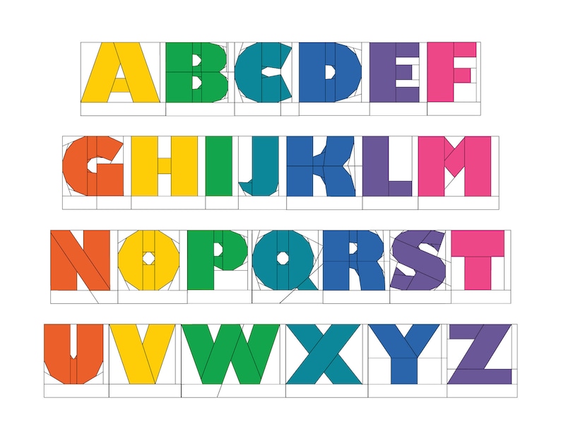 Peut inclure: Un alphabet color&eacute; avec chaque lettre compos&eacute;e de diff&eacute;rentes formes g&eacute;om&eacute;triques color&eacute;es. Les lettres sont dispos&eacute;es sur trois lignes, la premi&egrave;re ligne &eacute;tant A-F, la deuxi&egrave;me ligne &eacute;tant G-M, la troisi&egrave;me ligne &eacute;tant N-T et la quatri&egrave;me ligne &eacute;tant U-Z.
