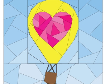 Rise Above Add-on: Geometric Heart 12 inch #261, Hot Air Balloon Quilt Block, Paper Piecing Quilt Pattern PDF, Scrap Friendly