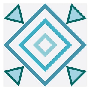 May include: A geometric pattern with a blue and teal color scheme. The pattern features a series of concentric squares with a light blue center. Four teal triangles are positioned at the corners of the pattern.