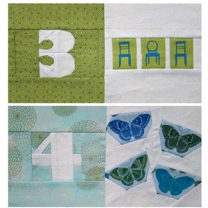 Peut inclure: Un carr&eacute; de tissu vert avec un chiffre blanc "3" et une rang&eacute;e de trois chaises bleues. Un carr&eacute; de tissu bleu avec un chiffre blanc "4" et un fond blanc avec quatre papillons bleus et verts.
