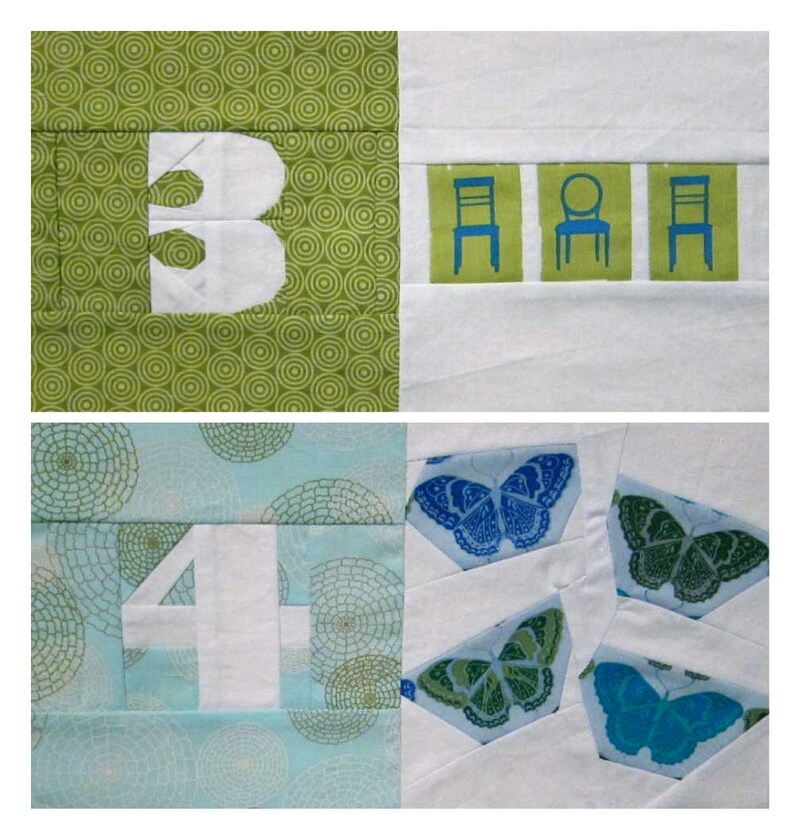 Peut inclure: Un carr&eacute; de tissu vert avec un chiffre blanc "3" et une rang&eacute;e de trois chaises bleues. Un carr&eacute; de tissu bleu avec un chiffre blanc "4" et un fond blanc avec quatre papillons bleus et verts.