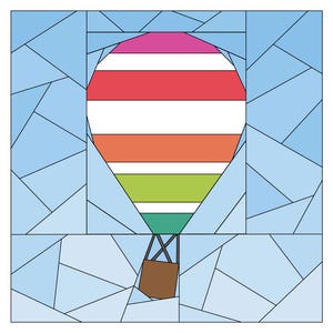 Könnte beinhalten: Ein bunter, gestreifter Heißluftballon mit einem braunen Korb vor einem blauen und weißen Buntglas-Hintergrund.