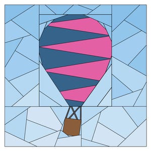 May include: A colorful geometric illustration of a hot air balloon. The balloon is a combination of pink and navy blue diagonal stripes. The basket is brown, and the background is light blue with geometric shapes.