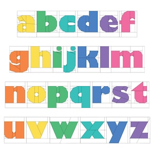 Peut inclure: Un alphabet color&eacute; avec chaque lettre compos&eacute;e de formes g&eacute;om&eacute;triques. Les lettres sont dispos&eacute;es en rang&eacute;es, chaque rang&eacute;e pr&eacute;sentant une couleur diff&eacute;rente&nbsp;: jaune, vert, bleu et violet.