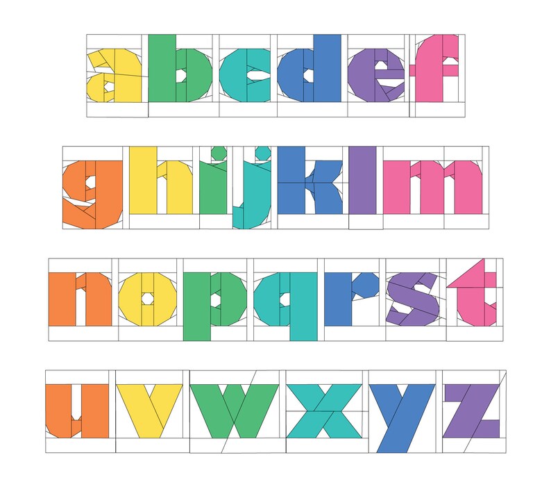 Peut inclure: Un alphabet color&eacute; avec chaque lettre compos&eacute;e de formes g&eacute;om&eacute;triques. Les lettres sont dispos&eacute;es en rang&eacute;es, chaque rang&eacute;e pr&eacute;sentant une couleur diff&eacute;rente&nbsp;: jaune, vert, bleu et violet.
