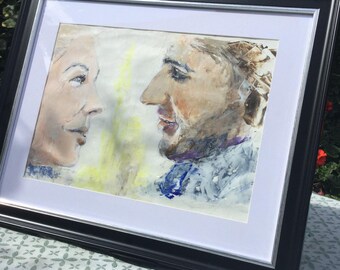 Romantic Couple Portrait Print – Two People in Warm Light – Intimate Love Painting for Home Décor. 'The Look of Love' by CMC.