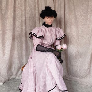 1860s Pink Day Dress Pink And White Striped Cotton Dress Modeled Off Of An 1863 Fashion Plate