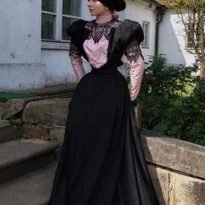 Victorian 1890s Black and Pink Dress, Bodice and Skirt, Edwardian Gown, Historical Reenactment, Made to Measure