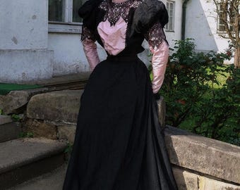 Victorian 1890s Black and Pink Dress, Bodice and Skirt, Edwardian Gown, Historical Reenactment, Made to Measure