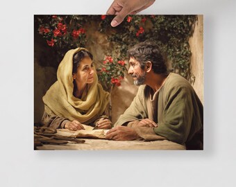 Priscila y Aquila — Historias de las Escrituras - Lámina artística / Arte mural devocional inspirado en la fe / "Colaboradores en Cristo" / Romanos 16:3-4