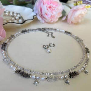Herkimer Diamond and Pearl Necklace: Handmade Beaded Jewellery, Heart Pendant or Celestial Star Necklace in Silver, Unique Gift for her.